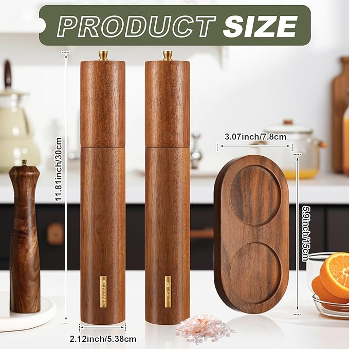 Wooden Salt and Pepper Grinder Set 11.8 Inch Manual Salt and Pepper Mill with Tray Adjustable Coarseness and Refillable Wood Grinders with Gold Bottle Label for Kitchen(Wood Color) - Image 3