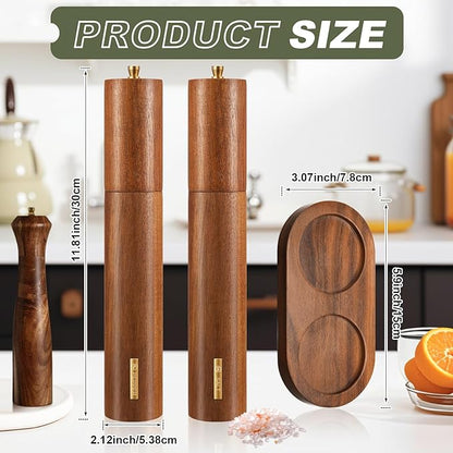 Wooden Salt and Pepper Grinder Set 11.8 Inch Manual Salt and Pepper Mill with Tray Adjustable Coarseness and Refillable Wood Grinders with Gold Bottle Label for Kitchen(Wood Color) - Image 3