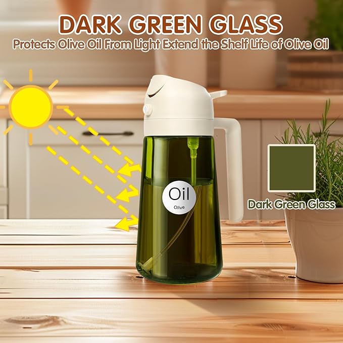 YARRAMATE 2PCS 16oz/470ml Oil Sprayer for Cooking with Stickers, Food-Grade 2 in 1 Olive Oil Dispenser Bottle for Kitchen, Premium Dark Green Glass Oil Bottle for Air Fryer, BBQ(White & Orange) - Image 2