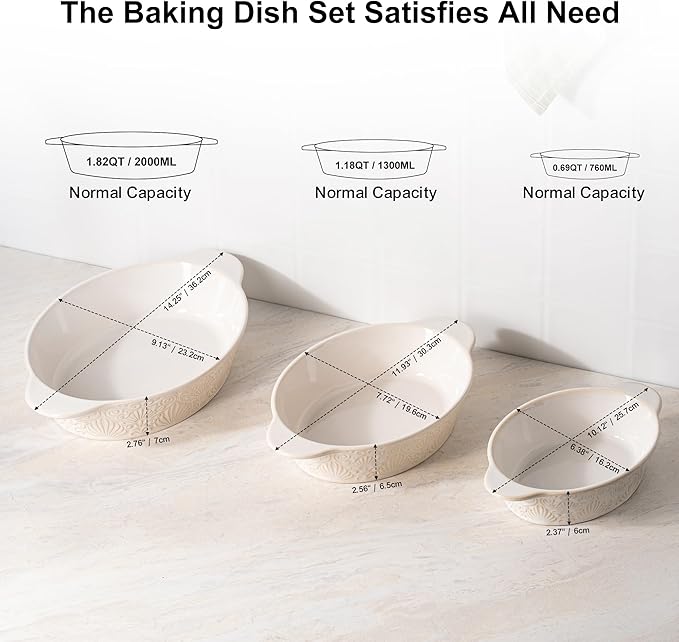 Dafuceramic Casserole Dishes for Oven Sets of 3, Ceramic Oval Baking Dish, Au Gratin Baking Pans with Handles for Roasting, Lasagna, Pie, Baking Meat & Vegetables (Beige White) - Image 2