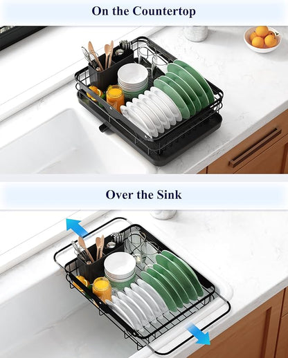 Kitsure Dish Drying Rack for Kitchen Counter, Stainless Steel Sink Organization and Storage Essentials with Cutlery Holder, Home and Appartment Decor, 12.2''W x 15.7''~23''L, Black - Image 2