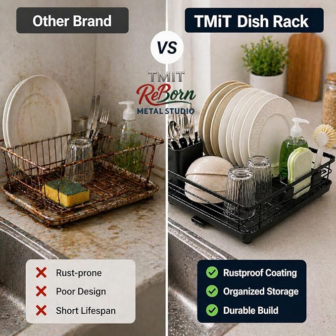 Metal Dish Drying Rack for Kitchen Counter, Black, Sink Organizer with Cutlery Holder, Kitchen Storage and Organization Essentials, 11.8 x 15.7 Inch