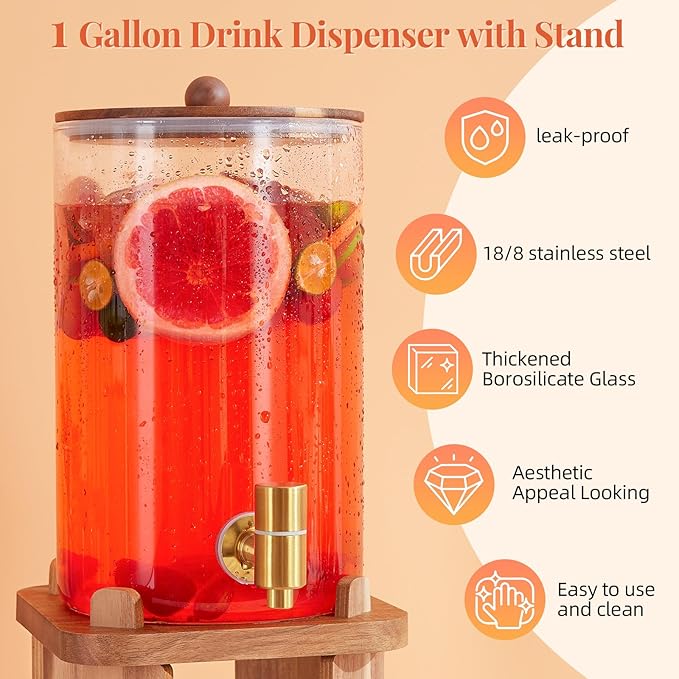 1 Gallon Glass Drink Dispensers: Beverage Dispenser For Parties With Wood Stand, Large Water Drink Dispensers With Stainless Steel Spigot, Ideal for Lemonade,Juice, Tea, and Party Drinks - Image 6