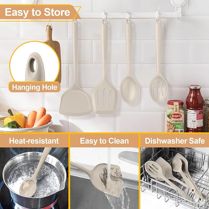 P&P CHEF Kitchen Utensil Set, 4 Pieces Non-stick Silicone Cooking Utensils, Heat-resistant Slotted Solid Spoon Turner for Frying, Mixing, Serving, Non-toxic & Easy to Clean, Khaki - Image 7