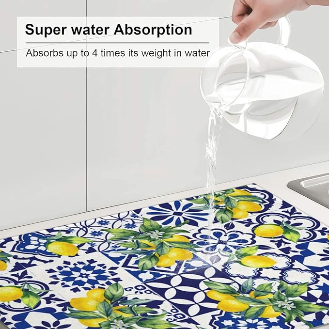 Lemon Mexican Tilt Dish Drying Mat For Kitchen Counter Absorbent Large Kitchen Fast Dry Pad Reusable Washable Protector Rack Large Mat 18 X 24