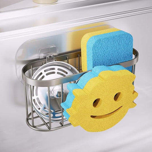 Consumest Sponge Holder Smiley Face - Kitchen Sink Caddy, Sink Organizer with Removable Suction Cups & Adhesive Strips, Suit for Sponge, Soap, Sand Nickel