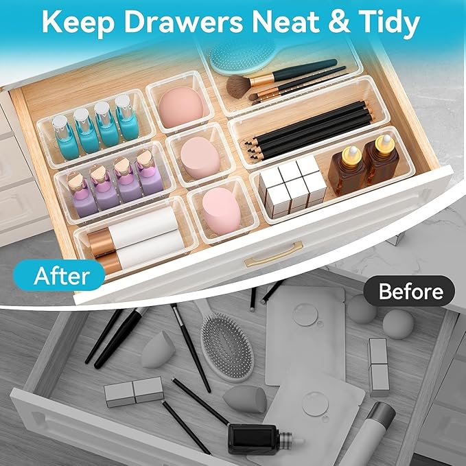 ElegantArray 12 PCS Drawer Organizer Set, 4 Sizes Tool Storage Trays, Clear Plastic Makeup Vanity Organizer and Storage Bins for Makeup, Stationeries, Multiple Gadgets for Bathroom, Office, Bedroom - Image 4