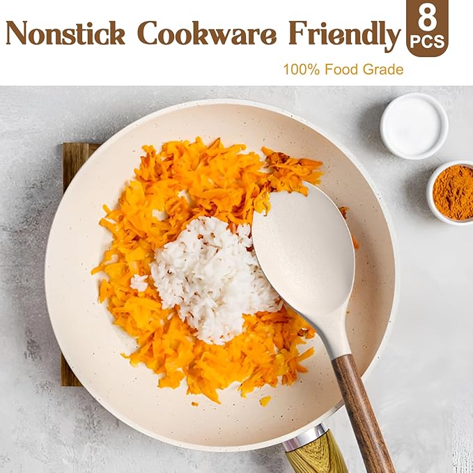 Silicone Cooking Utensil Set,Umite Chef 8-Piece Kitchen Utensils Set with Natural Acacia Wooden Handles, Silicone Kitchen Gadgets and Spatula Set for Nonstick Cookware - Khaki - Image 4