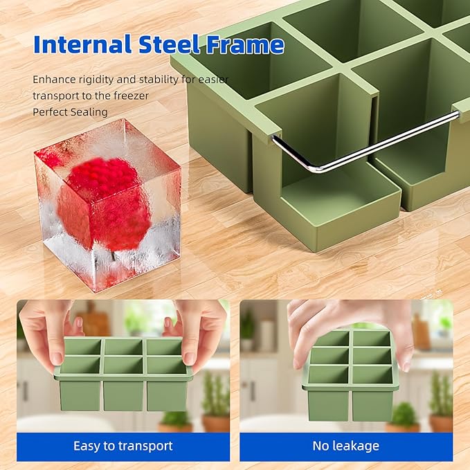 Large Ice Cube Tray for Whiskey 3 Pack, HANCELANT Big Silicone Square Ice Cube Mold with Removable Lid, 2'' Huge Square Ice Cubed Tray for Whisky and Cocktail(Blue+Green+Pink) - Image 3