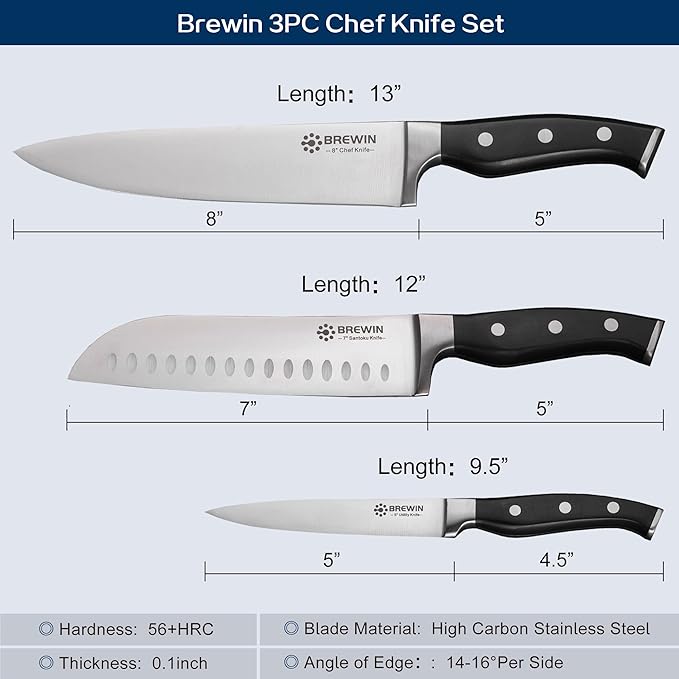 Brewin Professional Kitchen Knives, 3PC Chef Knife Set Sharp Knives for Kitchen High Carbon Stainless Steel, Japanese Cooking Knife with Gift Box - Image 5
