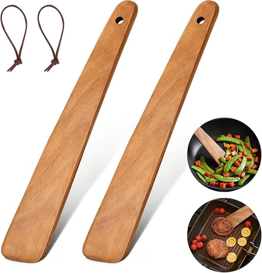 2PCS Teak Wooden Spatula for Cooking, 12 Inch Wood Spatula Turner & Egg Flipper Scraper for Cast Iron, Flat Wood Cooking Utensils, Spatulas Spoons Perfect for White Elephant Gift ideas, Kitchen Gifts