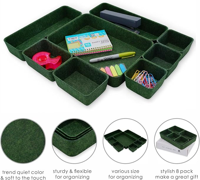 Welaxy Desk drawer organizer bins shallow trays felt storage desktop box for jewelry watches office supplies makeup small key holder minimalism 8-piece (Forest Green) - Image 5