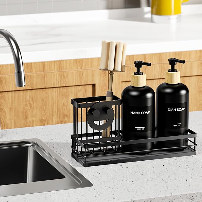 Moforoco Kitchen Dish Soap Dispenser Set, 16OZ Glass Bottle, Hand and Dish Soap Dispenser Set, Instant Dry Tray, Brush Holder with Smiley Face Sponge Holder (Black Tray+Black Bottle+Labels) - Image 6