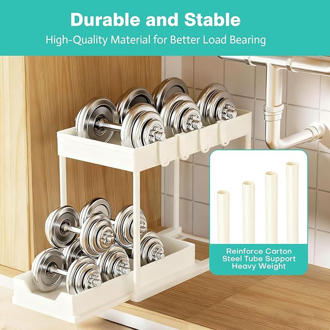 Under Sink Organizers and Storage 2 Pack, Pull-Out Sliding Cabinet Organizer with 2-Tier Storage Shelf & 4 Hooks, Multi-Purpose for Kitchen & Bathroom (13 Inch, White) - Image 4