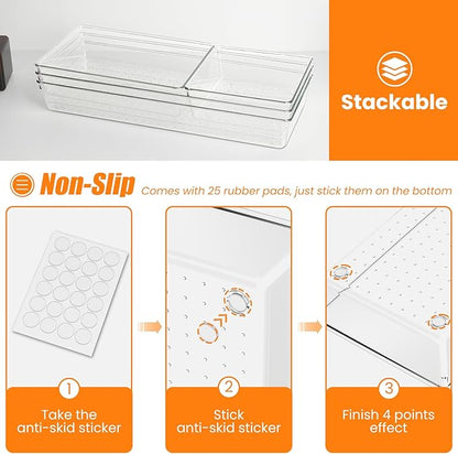 9 Pack Clear Plastic Drawer Organizer Set, Acrylic Non Slip Non Cracking Kitchen Drawer Storage Tray Large Size Divider, Multifunctional Storage for Cosmetics, Bathroom, Tools, Kitchen and Office - Image 3