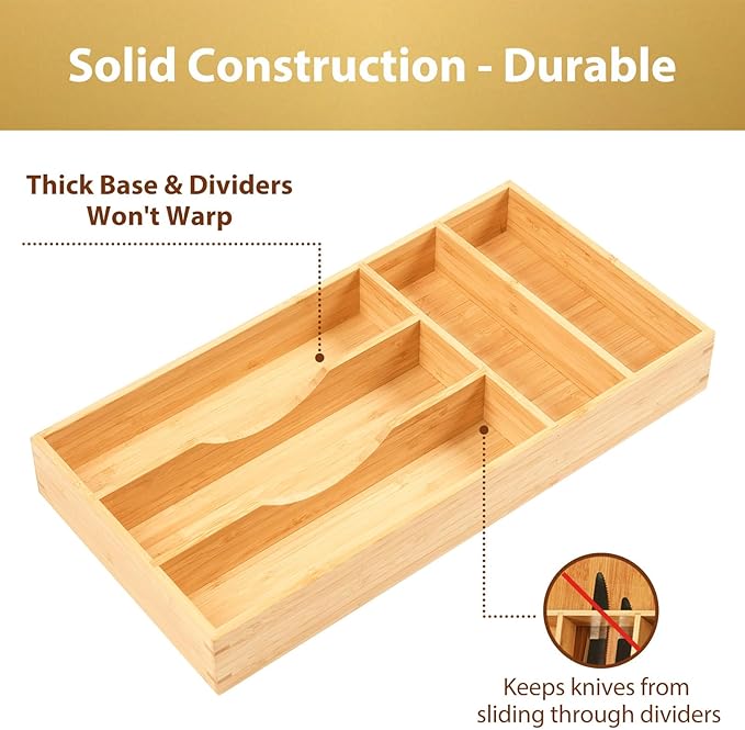 Umilife Bamboo Kitchen Drawer Organizer, 8 Inch Silverware Utensils Tray Holder for Small Drawer, Wood Caddy for Flatware Cutlery Knives - Image 3