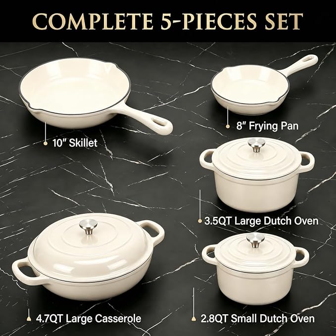 Nonstick Enameled Cast Iron Cookware Set - 8 Piece Pots and Pans with Lid, Frying Pan, Skillet, Dutch Oven Set for All Stovetops, Ideal for Sourdough Bread Baking, Comes with Organizer, Cream White