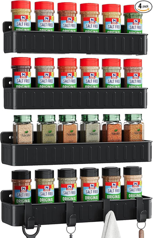 Nieifi Spice Rack Wall Mount, 4 Pack, Black, Screw or Adhesive Installation, Spice Rack Organizer for Your Kitchen Cabinet or Pantry Door by Nieifi