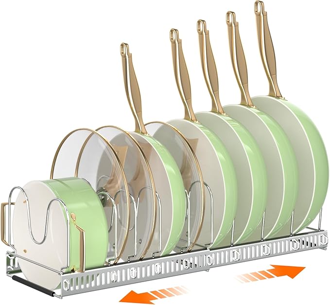 MUDEELA Pots and Pans Organizer Rack for under Cabinet, Expandable Pot Lid Kitchen Cabinet Organizer Holder with 10 Adjustable Compartment Cutting Board Organizer for Pan Lid Cookie Sheet Rack, Silver by MUDEELA