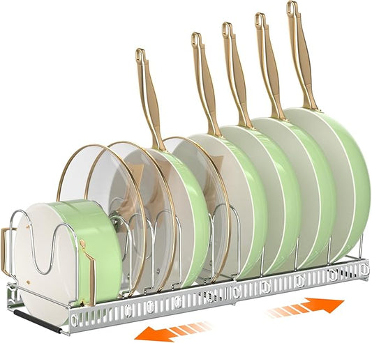 MUDEELA Pots and Pans Organizer Rack for under Cabinet, Expandable Pot Lid Kitchen Cabinet Organizer Holder with 10 Adjustable Compartment Cutting Board Organizer for Pan Lid Cookie Sheet Rack, Silver by MUDEELA