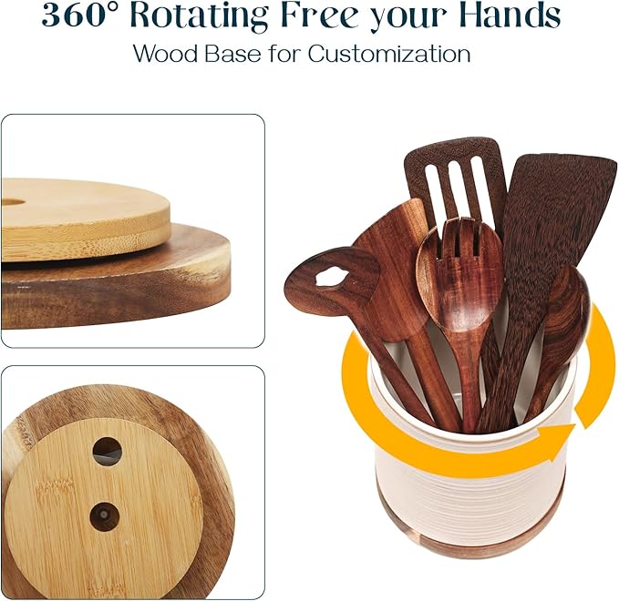 DOWAN 360° Rotating Extra Large Cooking Utensil Holder, 7.6" Kitchen Utensil Holder for Countertop, Utensil Crock for Farmhouse Kitchen Decor, Ceramic Stable Utensil Caddy, Soft White - Image 3