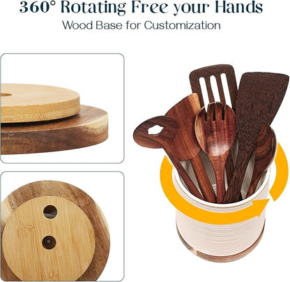 DOWAN 360° Rotating Extra Large Cooking Utensil Holder, 7.6" Kitchen Utensil Holder for Countertop, Utensil Crock for Farmhouse Kitchen Decor, Ceramic Stable Utensil Caddy, Soft White - Image 3