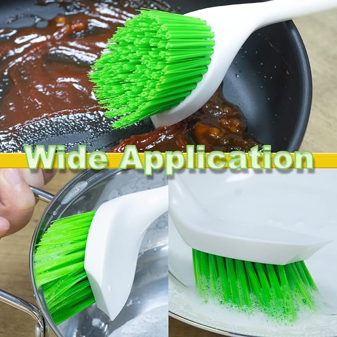 Dish Scrubber Set, Kitchen Brush for Cleaning with Scraper Edge, Green Multi-Purpose Scrub Brush with Handle for Dishes,Sink,Pots,Pans,Shower,Tile,Tubs - 3 Pack - Image 3