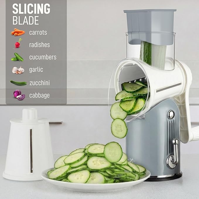 Zulay Kitchen Rotary Cheese Grater 5 Blade Cheese Shredder - Manual Hand Crank Cheese Grater With Reinforced Suction & 5 Interchangeable Drums - Easy to Use, Vegetable Chopper Round Mandoline Slicer - Image 5