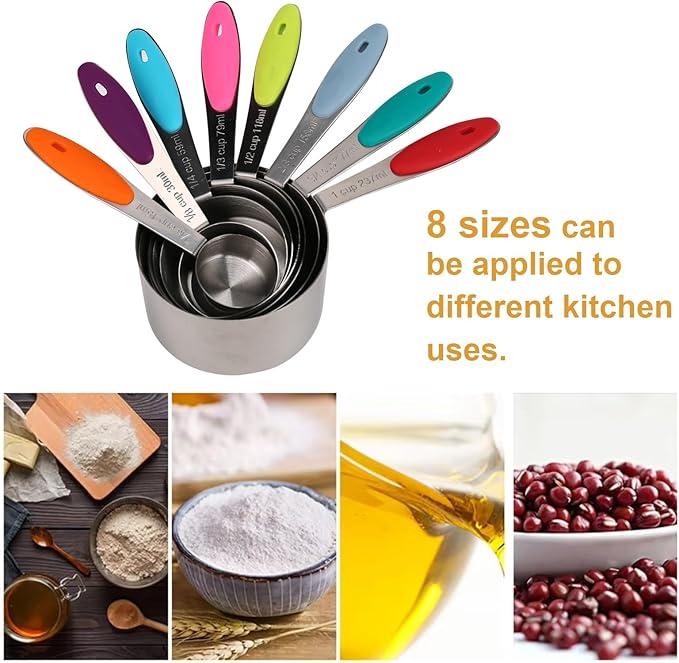 Stainless steel measuring cup set, consisting of 8 cups, suitable for cooking and baking. - Image 4