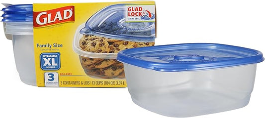 Glad GladWare XL Square Food Storage Containers with Lock Tight Lids, BPA-Free Family Size Plastic Containers for Leftovers, Meal Prep, and Freezer Storage, Dishwasher Safe, 104 Oz, 3 Count by GladTrashFoodStorage