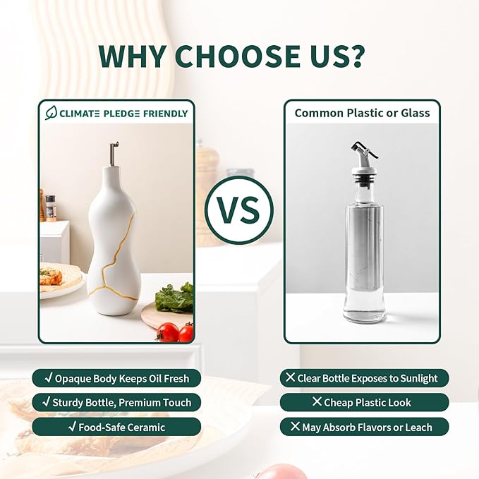 BosilunLife Ceramic Olive Oil Dispenser Bottle, 22 Oz Oil Cruet with Elegant Gold Accent & Curved Ergonomic Design, Non‑Drip Vinegar Bottle for Kitchen & Dining, White