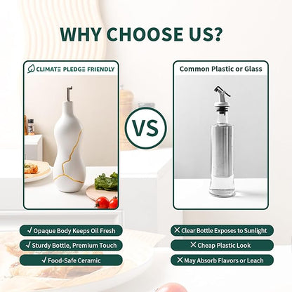 BosilunLife Ceramic Olive Oil Dispenser Bottle, 22 Oz Oil Cruet with Elegant Gold Accent & Curved Ergonomic Design, Non‑Drip Vinegar Bottle for Kitchen & Dining, White
