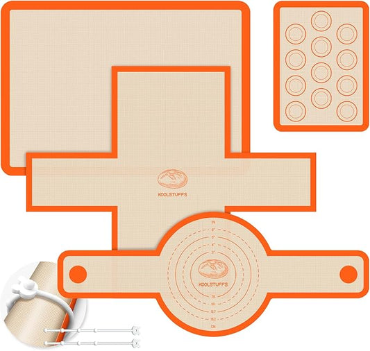 Silicone Baking Mat Set of 4, Nonstick Reusable Silicone Bread Sling & Loaf Pan Liners for Bread, Macaron Baking Mat for Macarons, Pastry by Koolstuffs