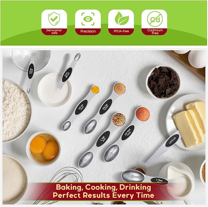 Magnetic Measuring Spoons Set with Strong N45 Magnets, Heavy Duty Stainless Steel Metal, Fits in Most Kitchen Spice Jars for Baking & Cooking, BPA Free, Multicolor, Set of 8 with Leveler（Black) - Image 5