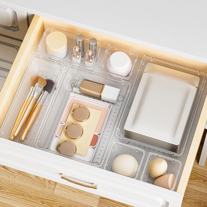 SpaceHacks 15 PCS Clear Plastic Drawer Organizer Set, 4-Size Acrylic Drawer Storage Trays, Storage Bins for Makeup, Gadgets, and Jewelry in Bathroom, Bedroom and Office, Clear - Image 7
