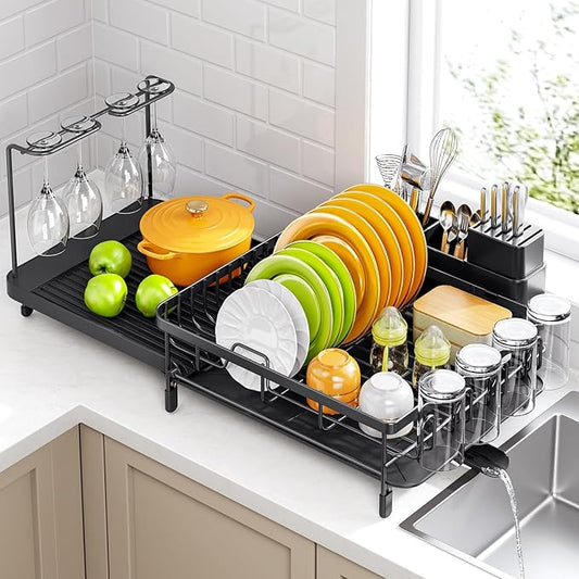 Urackify Large Dish Drying Rack – Expandable Dish Rack for Kitchen Counter, Multifunctional Dish Drainer with Cup & Wine Glass Holder, 16.2"-26" L x 17" W, Black
