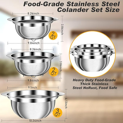 Stainless Steel Colander, 3Pcs Strainer for Kitchen Food with Handle Kitchen Gadget Food Strainer Basket for Washing Vegetables, Fruits, Rice, and Pasta, (2+2QT Colander + 3QT Mixing Bowl) - Image 2
