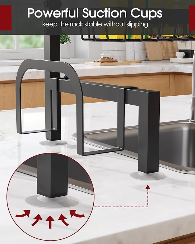 Sakugi Over The Sink Dish Drying Rack - Adjustable 2 Tier Large Capacity Stainless Steel Drainer with Cutlery & Utensil Holders, Kitchen Storage & Organization, 30"-33.9" L x 11" W x 21.5" H, Black - Image 5
