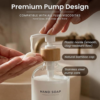 MaisoNovo Glass Dish Soap Dispenser for Kitchen Set of 2-16.9oz Clear Dish and Hand Soap Dispenser Set for Kitchen - Clear Glass Bottles x 2 with White Bamboo Pumps & Tray