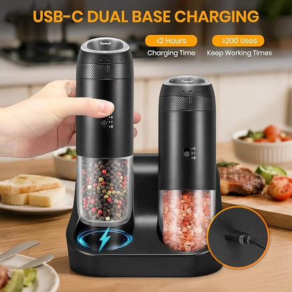 Rechargeable Gravity Electric Salt Grinder Set with Variable Grinding Speed, External Adjustable Coarseness, External Adjustable Coarseness, Charging Base and White LED Light,Black - Image 3