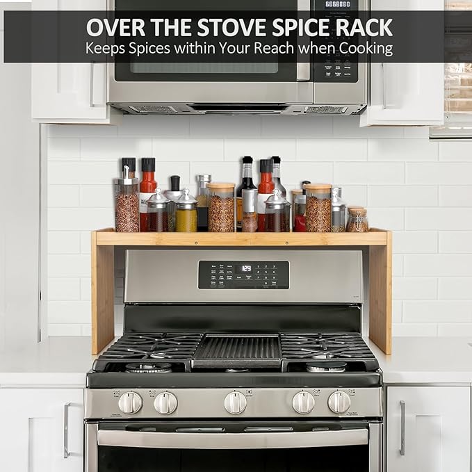Over the Stove Spice Rack, 33" Wide Bamboo Shelf Rack Organizer for Stove Top - Image 3