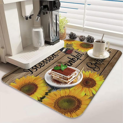 Dish Drying Mat for Kitchen Counter 2 Pack with Non-Slip Rubber Backing - Heat-Resistant Absorbent Coffee Bar Mat, Dish Rack Mat, Sunflower Dish Drying Mats 18x24+19.5x12 inch