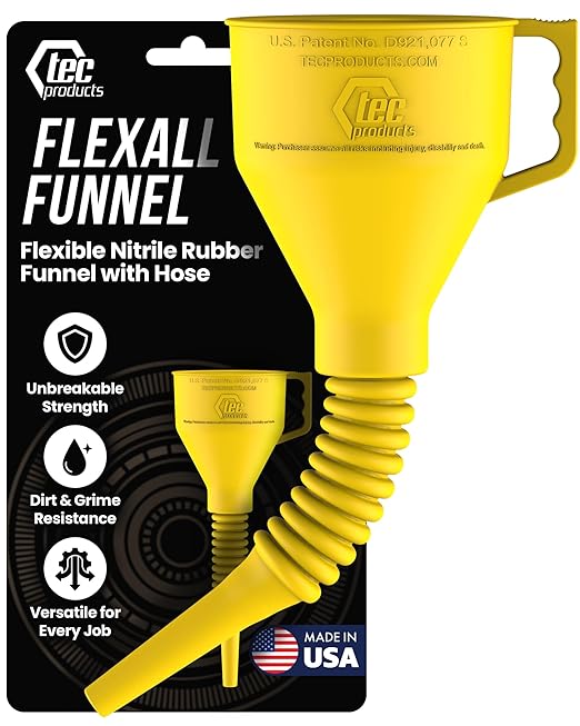 TEC Products FlexAll Long Flexible Funnels - Automotive Oil Funnel with Hose, Durable Nitrile Rubber for Oil Change, Transmission Funnel Fluid, Diesel, Fuel, Gas - Made in USA - Yellow (16 x 5 Inches) by TECProducts