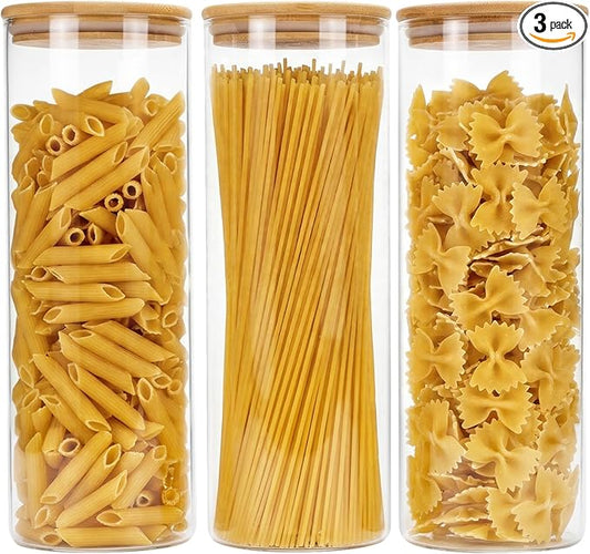 Moretoes 3 Pack 2qt Round Glass Storage Containers with Bamboo Press Lids, Large Airtight Food Storage Jars for Pantry, Flour, Sugar, Dry Goods