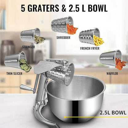 VEVOR Rotary Cheese Grater, Zinc Alloy Rotary Vegetable Mandoline, Manual Cheese Mandoline w/ 5 Stainless Steel Cutting Cones, Manual Vegetable Grater w/ 2.5L Bowl, Rotary Shredder w/Suction Base - Image 3