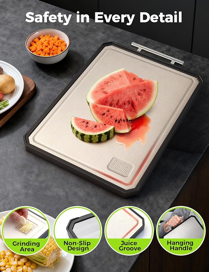 Titanium Cutting Board for Kitchen, Double Sided Non Toxic Titanium Cutting Board with JUICE GROOVE, Food-Grade Metal Chopping Board, Pure Titanium&Wheat Straw PP, Dishwasher Safe16.3”×11”-1 PC - Image 3