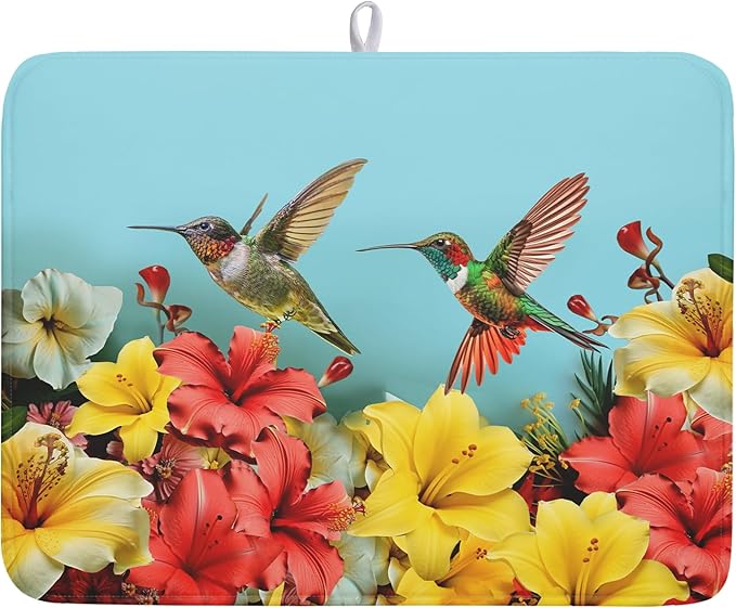 Kawani Spring Summer Hummingbirds Floral Dish Drying Mat for Kitchen Counter 18x24 In Spring Hibiscus Tropical Drying Mat Fast Dry Absorbent Microfiber Dish Drainer Rack Pad Mat for Countertop Decor