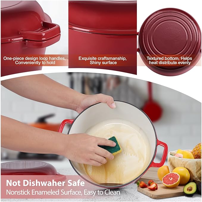 TeamFar 2-In-1 Enameled Cast Iron Dutch Oven, 5 Quart Dutch Oven Pot Cookware with Skillet Lid for Bread Baking Braising Stewing Roasting, Heavy-Duty & Nonstick, Oven Safe & Fit for Induction (Red) - Image 7