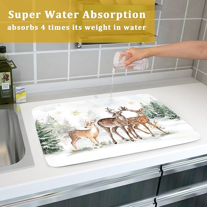 Winter Deer Dish Drying Mat for Kitchen Counter Xmas Trees Snowflake Festival Microfiber Absorbent Dish Draining Reusable Washable Foldable Extra Large 18"x24" - Image 7
