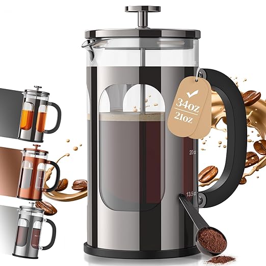 Veken French Press Coffee Maker 34oz, No Plastic Touching Cafe,Thickened Glass Stainless Steel Brewer, Cold Brew Cafetera Tea pot for Kitchen Travel Camping, Gifts, Decor, Bar Accessories, Dark Pewter by Veken